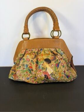 Icon Los Angeles Leather Shoulder Bag Klimt Lady w Fan Art Print Woven Handle